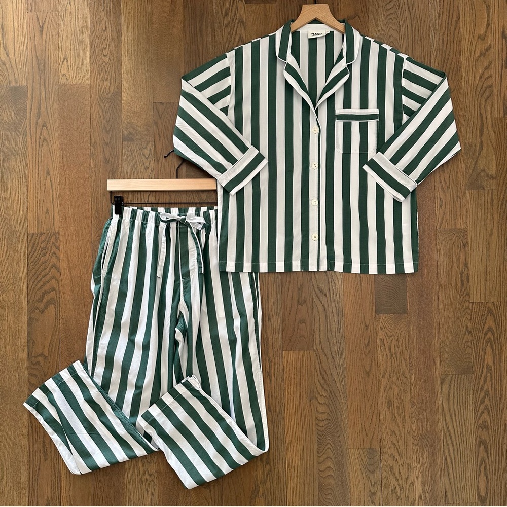 Sleepy Jones Marina Long Sleeve Pajama Set in Stripe Green and White Size Small